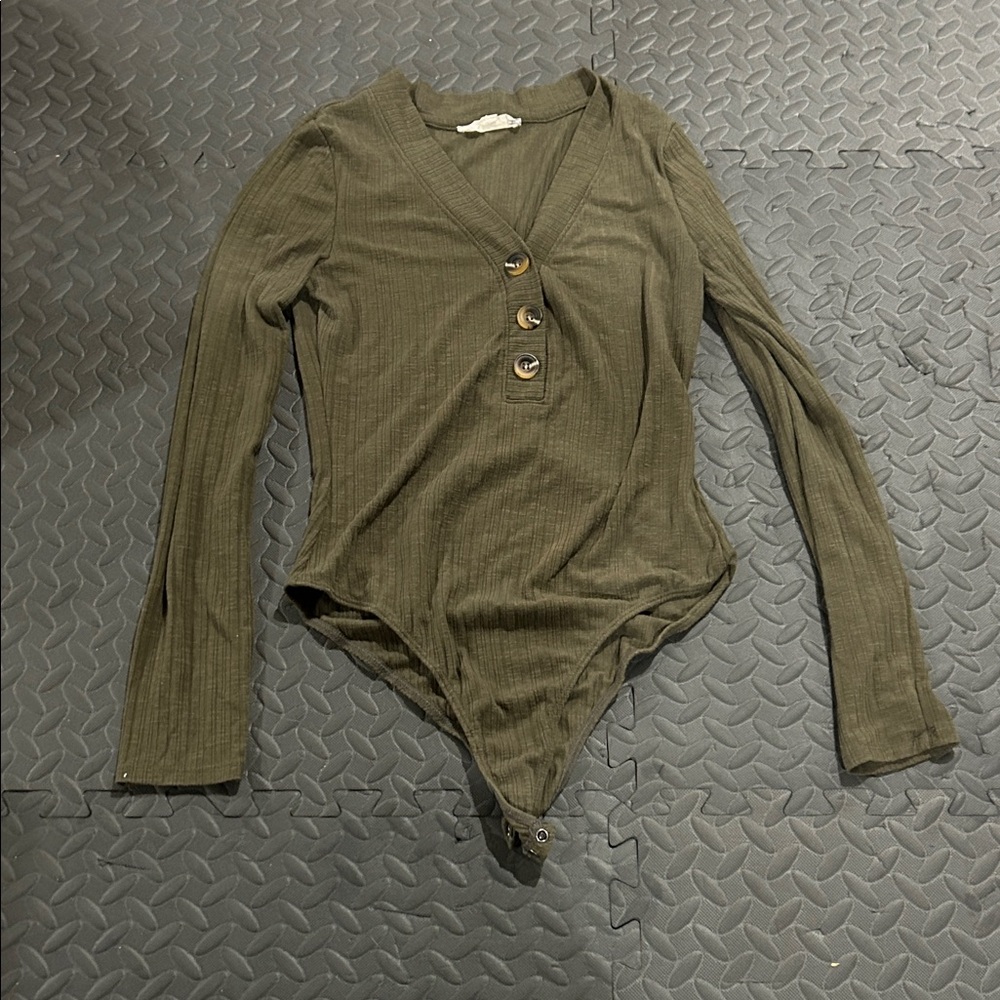 Olive Green Long Sleeve Button-Up Bodysuit